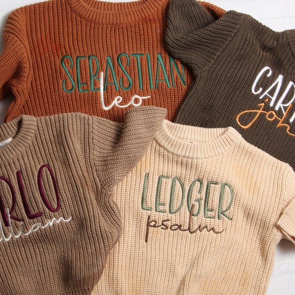 Personalized Embroidered Baby and Toddler Sweater, Embroidered Oversized Chunky Kids Sweater, Baby Name Announcement, Baby Shower Gift