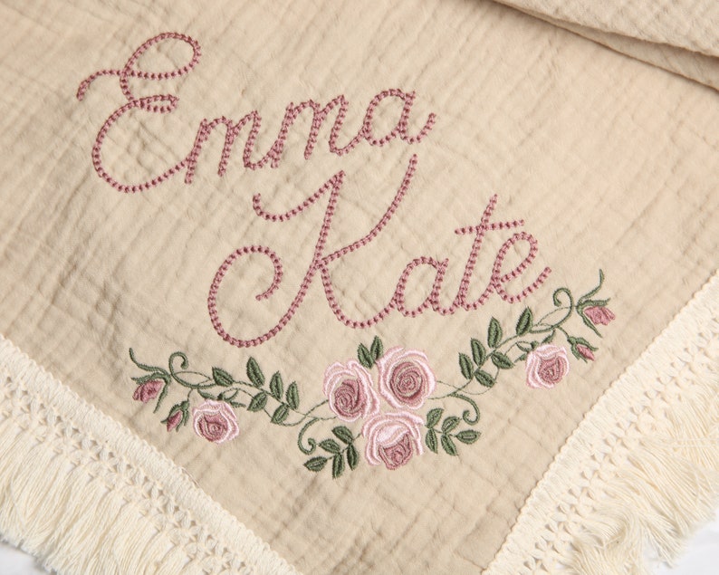 Personalized Embroidered Baby Muslin Swaddle Blanket with Name and Rose Floral Design, Organic Cotton baby swaddle, Custom Boho Baby Gift image 7