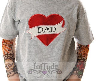 Tattoo Sleeve Heather Gray T shirt with Mom or Dad heart applique for Baby and Toddler