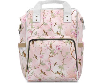 Sac à dos multifonctions rose à fleurs avec oiseau | Sac fleuri pour bébé