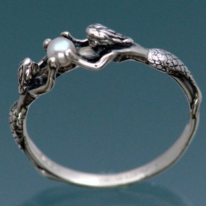 Two Mermaids Ring with Pearl  Size 9-1/4 to 13