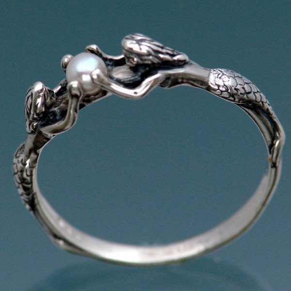 Two Mermaids Ring with Pearl in Sterling Silver Size 3 to 9