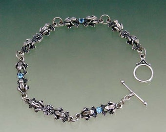 Frog Flower Stone Link Bracelet  with Blue Topaz or Other Stone