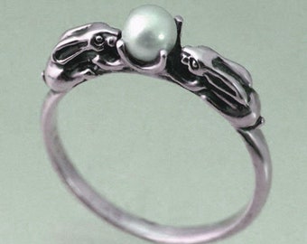 Two Bunnies Ring with 4mm Japanese Akoya Pearl Sterling Silver Size 3 through 9