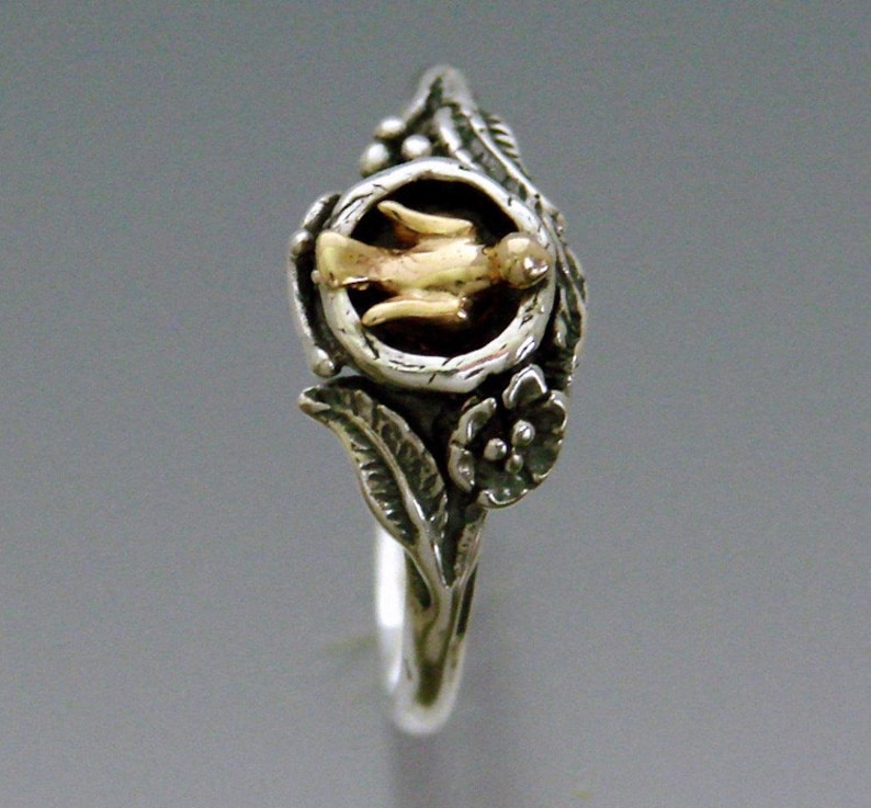 Bird In Nest Ring Bi-metal Bronze and Sterling SIlver image 3