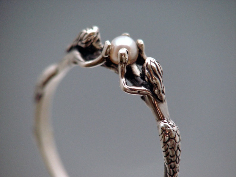 Two Mermaids Ring with Pearl in Sterling Silver Size 3 to 9 image 2