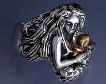 Mermaid and Shell Ring - Sterling and 14k ~ Size 10 to 16