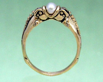 Large Sculpin Fish Ring with Pearl in 14k Gold ~ Size 4 to 10