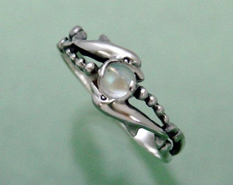 Two Dolphins with Crystal Rainbow Moonstone Ring Sizes 8 1/4 through 13
