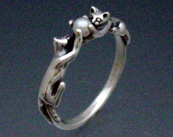 Two Cats Ring with Pearl in Sterling Silver Size 3 to 8 3/4