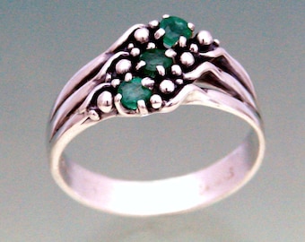 3BS Triple with Emerald, Ruby, Sapphire, Tanzanite or Tsavorite in Sterling Silver Sizes 4 to 10