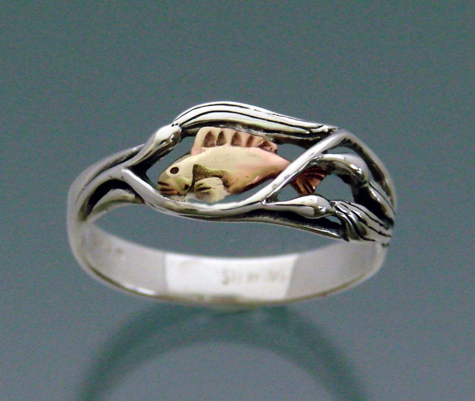 Fish Ring Fish in Kelp ring Sterling silver & Bronze Etsy