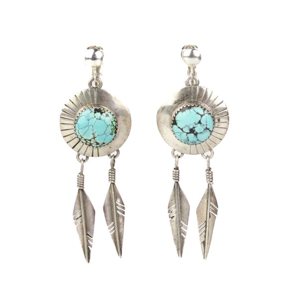 Boucles d'oreilles vintage Navajo Sterling Silver Turquoise Feather Dangle