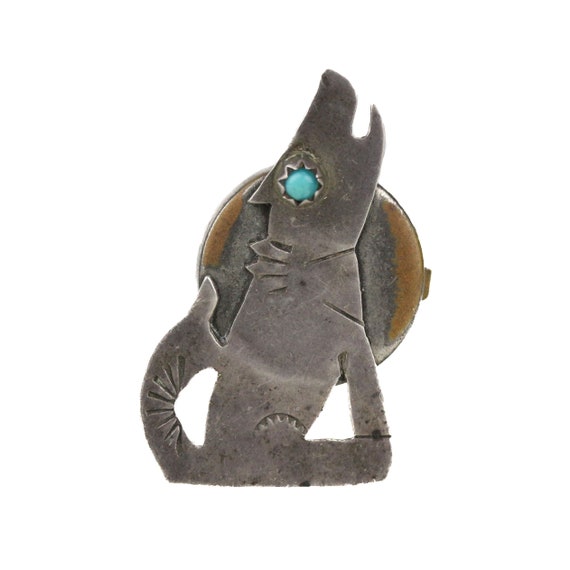 Old Navajo Coin Silver Turquoise Howling Coyote B… - image 1