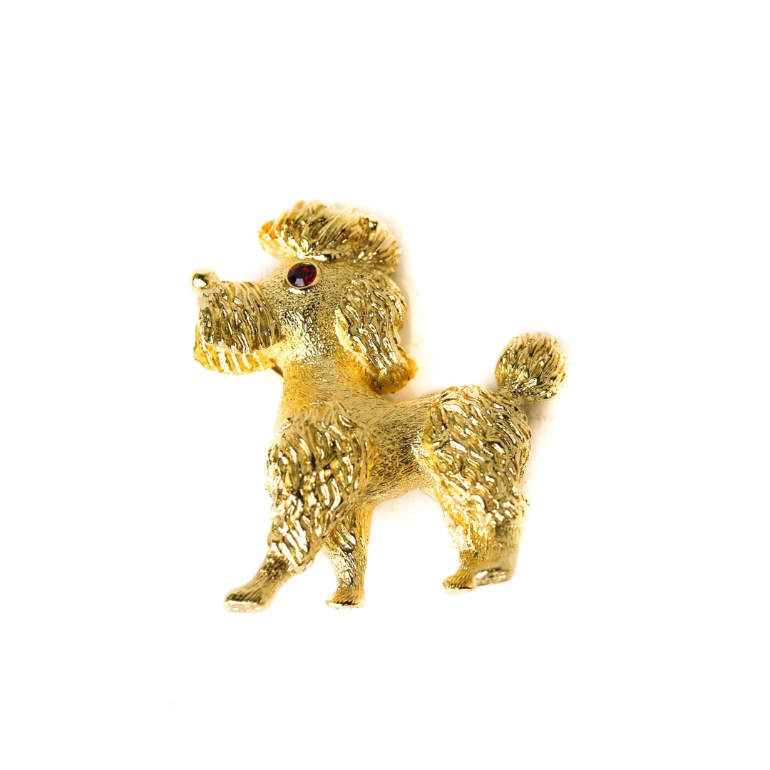 Broche Caniche Royal Vintage Années 80 - Couleur Or, Yeux Cristaux, En Bon état