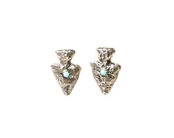Old Navajo Sandcast Sterling Silver & Turquoise Arrowhead Earrings