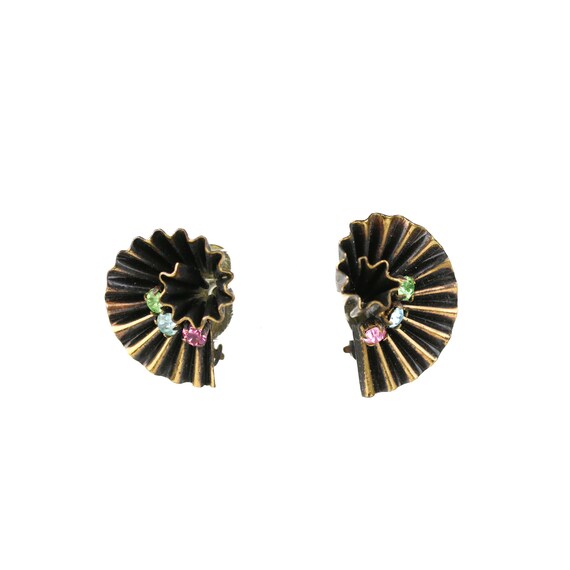 Vintage Copper Rhinestone Ruffle Clip Earrings