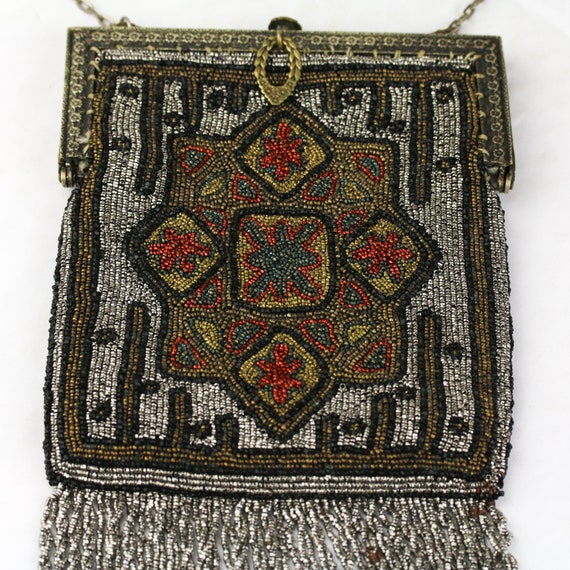 Antique French Micro Steel Beaded Fringe Purse Rug Pa… - Gem