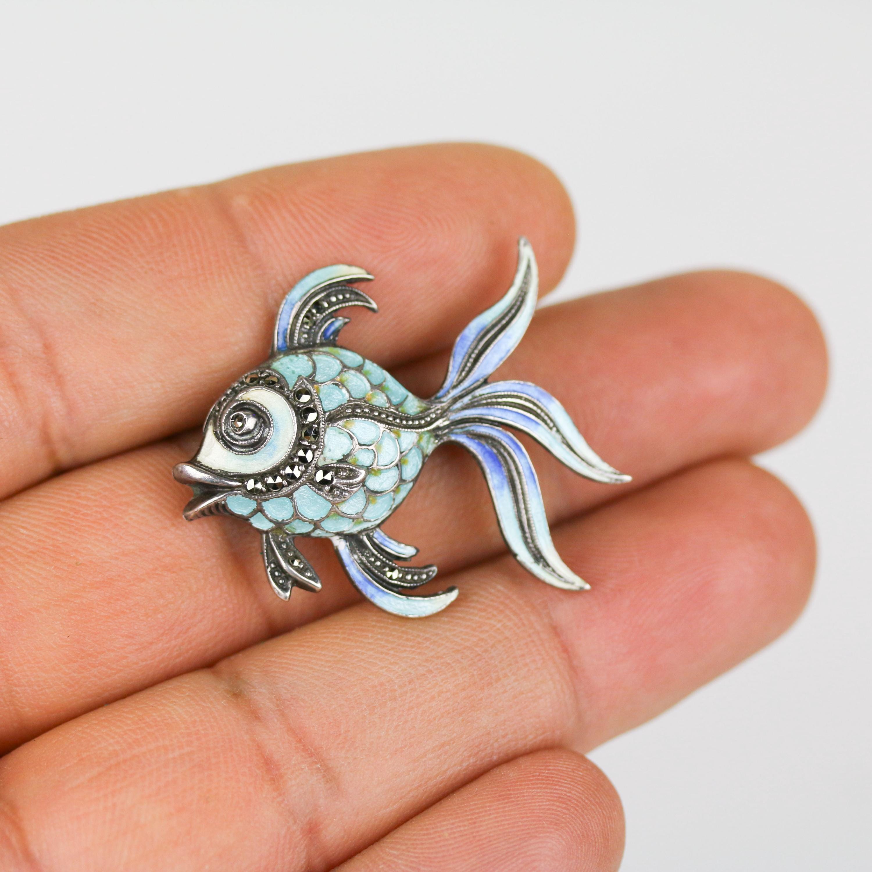 Broche Art Déco En Argent 925 Et Marcassites - Forme Poisson, 50x26 Mm, 5,3 G
