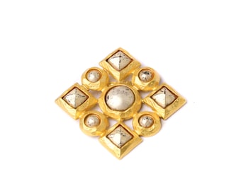 Vintage Signed Edouard Rambaud Mottled Faux Pearl Diamond Cabochon Brooch