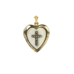 Vintage Gold Filled Mother of Pearl Marcasite Cross Heart Locket