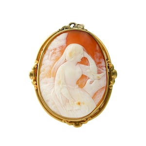 Broche de camafeu de donzela com assento vitoriano cheio de ouro antigo