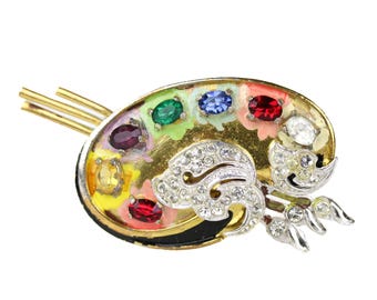 Gorgeous Vintage 1940's Enamel & Rhinestone Artist's Palette Paintbrush Brooch