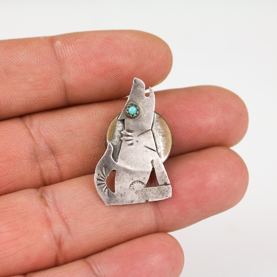 Old Navajo Coin Silver Turquoise Howling Coyote B… - image 4