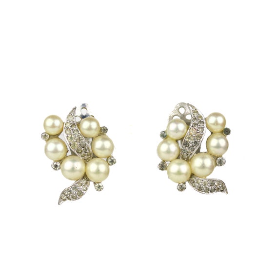 Vintage Signed Jomaz Faux Pearl Rhinestone Earrin… - image 1