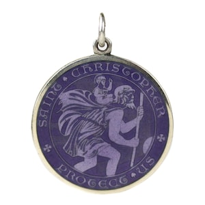 Large Vintage Sterling Silver Purple Enamel St. Christopher Medal