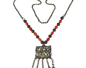 Stunning Antique Chinese Silver Enamel & Coral Necklace