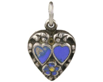 Vintage Blue Enamel Sterling Silver Double Hearts & Flower Puffy Heart Charm