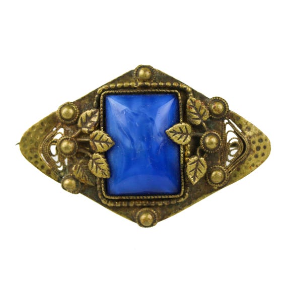 Antique Czech Art Deco Blue Satin Glass Brooch