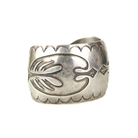 Old Navajo Overlay Peyote Bird Stamped Cuff Bracelet - Gem