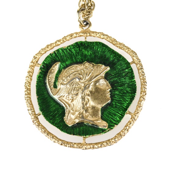 Vintage Signed Trifari Green Enamel Minerva or Ath