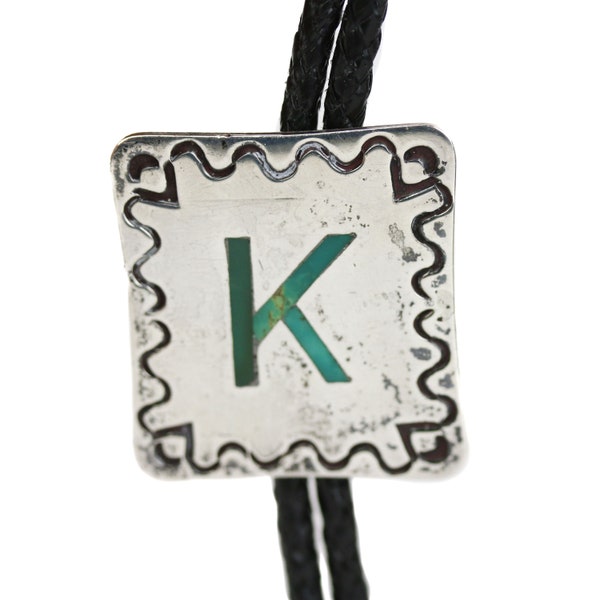 Vintage Southwestern Sterling Silver Turquoise Inlay Letter K Bolo Tie Larger Size