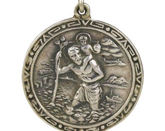 Old Art Deco Sterling Silver St. Christopher Medal Airplane, Auto & Ship