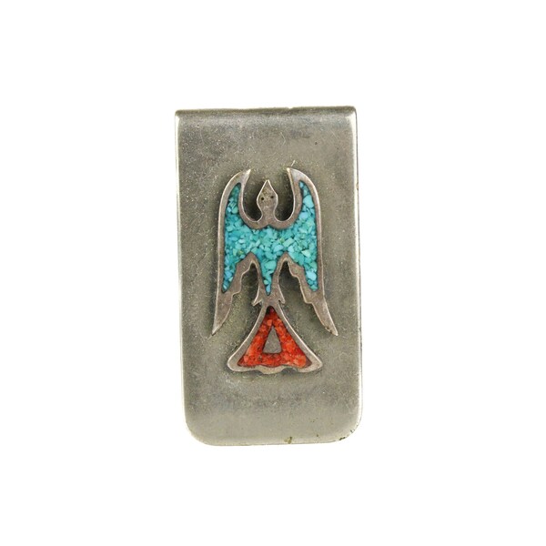 Old Navajo Sterling Silver Top Chip Inlay Peyote Bird Money Clip