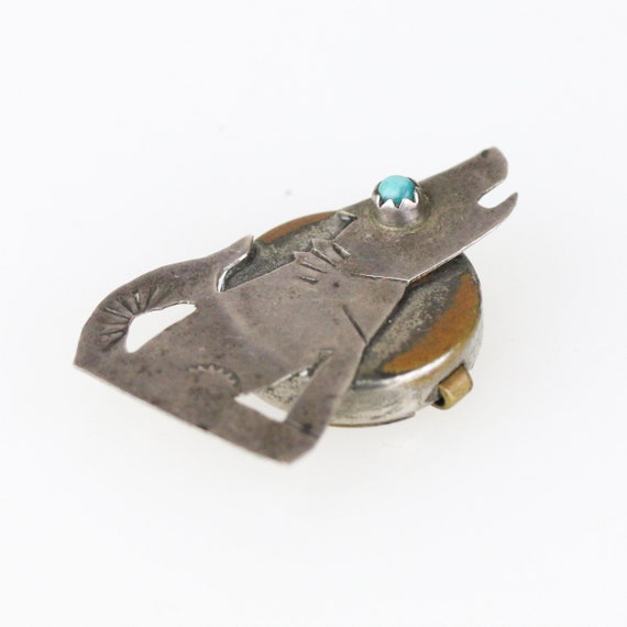 Old Navajo Coin Silver Turquoise Howling Coyote B… - image 2