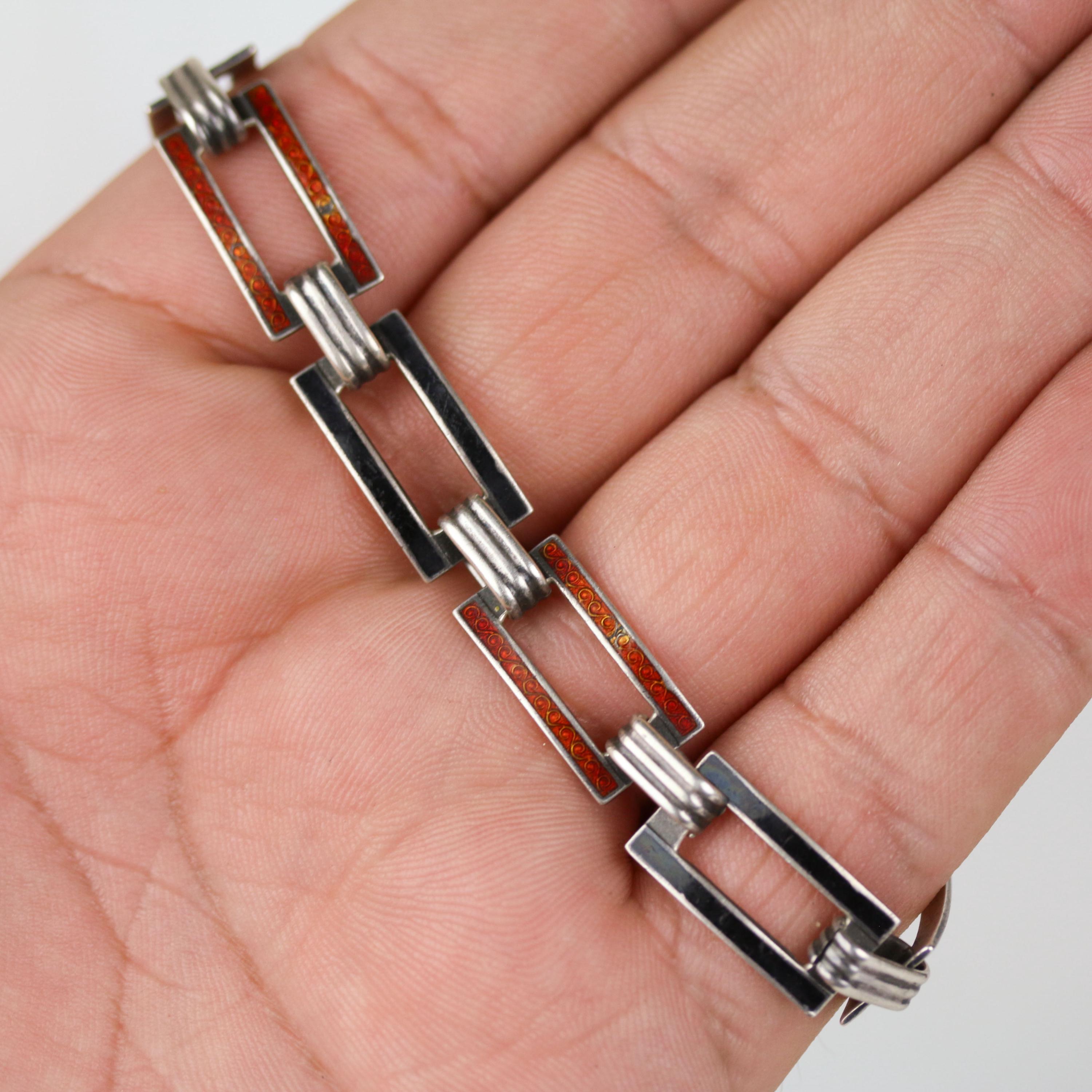 Bracelet Art Déco Ancien En Argent Avec émail Et Tissage - Occasion