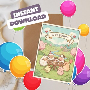 May include: A birthday card featuring a cartoon scene of farm animals celebrating. The card has the words "Happy Birthday" on a banner. The image is surrounded by colourful balloons and the text "Instant Download".