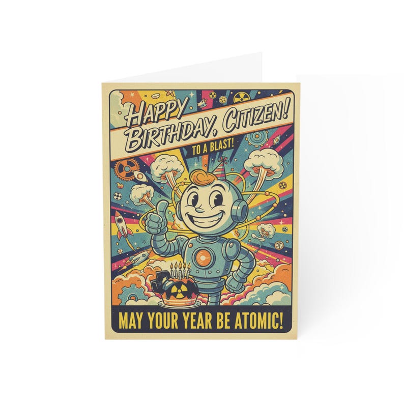 May include: A vintage birthday card with a cartoon robot illustration. The card reads "HAPPY BIRTHDAY, CITIZEN! TO A BLAST! MAY YOUR YEAR BE ATOMIC!" in a retro style, with colorful atomic and space-themed graphics.