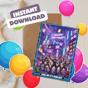 May include: A birthday card featuring a futuristic city illustration with the text "Happy Birthday!" and "Level Up! It's Your Day!". The card is decorated with balloons and the words "Instant Download".
