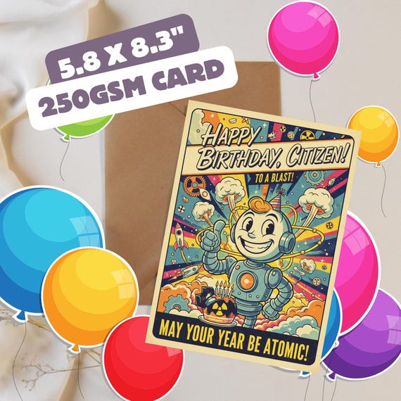 Nuclear Wasteland Post-Apocalyptic Style Birthday Card - Video Game Greeting Card - 5.8x8.5 250gsm Card