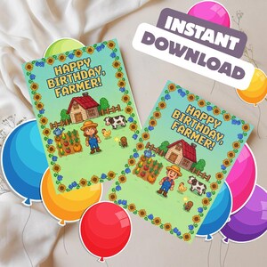 May include: Two birthday cards with the text "Happy Birthday, Farmer!" depict a farm scene with a house, farmer, cow, and garden. The cards are decorated with sunflowers and surrounded by colourful balloons.
