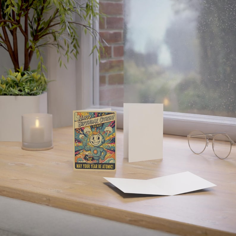 May include: A birthday card featuring a vintage cartoon robot design. The card's text reads "Happy Birthday Citizen! May Your Year Be Atomic!" It is displayed with a blank card and a lit candle on a wooden surface, near a window.