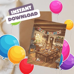 May include: A birthday card with a detailed illustration of a kitchen scene. The card features a table laden with cakes and pies, a banner that reads "Happy Birthday," and the words "Instant Download." Colorful balloons surround the card.