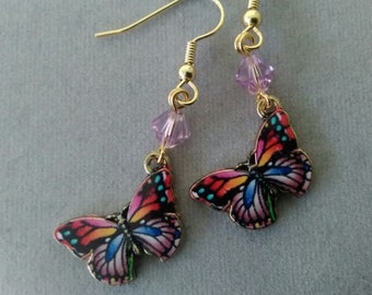 Lavender Rainbow Butterfly and Swarovski Crystal Earrings
