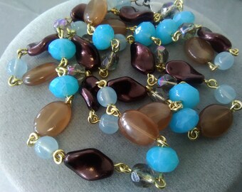 Brown and Blue Czech Glass Necklace, Longer Length