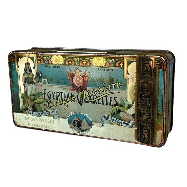 Hadges Nessim Egyptian Cigarettes Tobacco Tin With Tax Labels